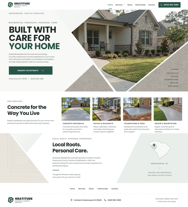 Gratitude Residential Concrete Services website preview showing the header, services, about section and footer
